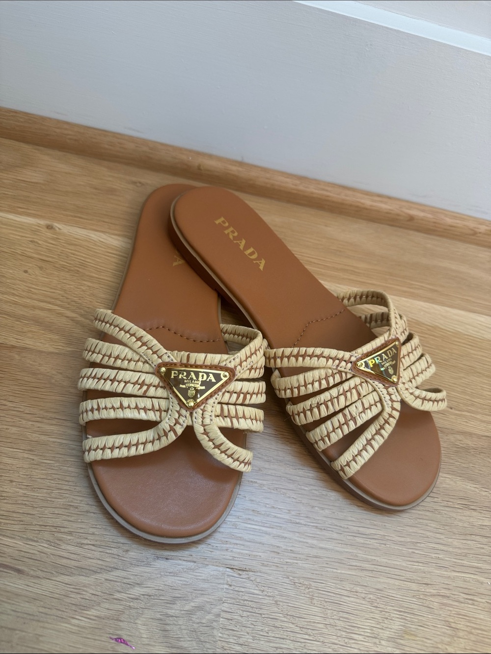 Prada Beige Braided Leather Slide Sandals
